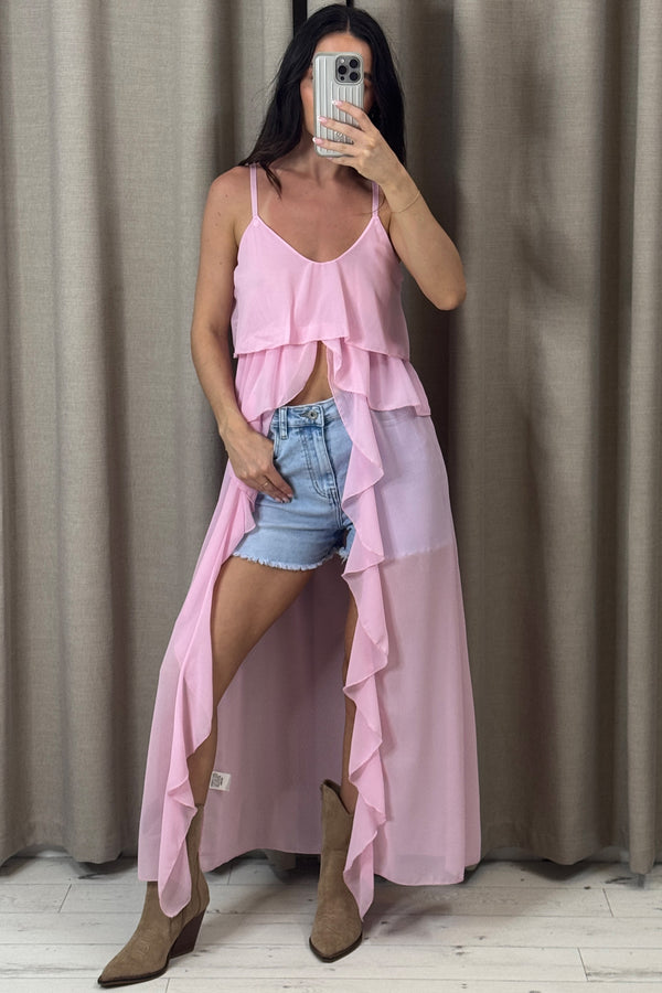 Kianne Chiffon Ruffle Drape Longline Top